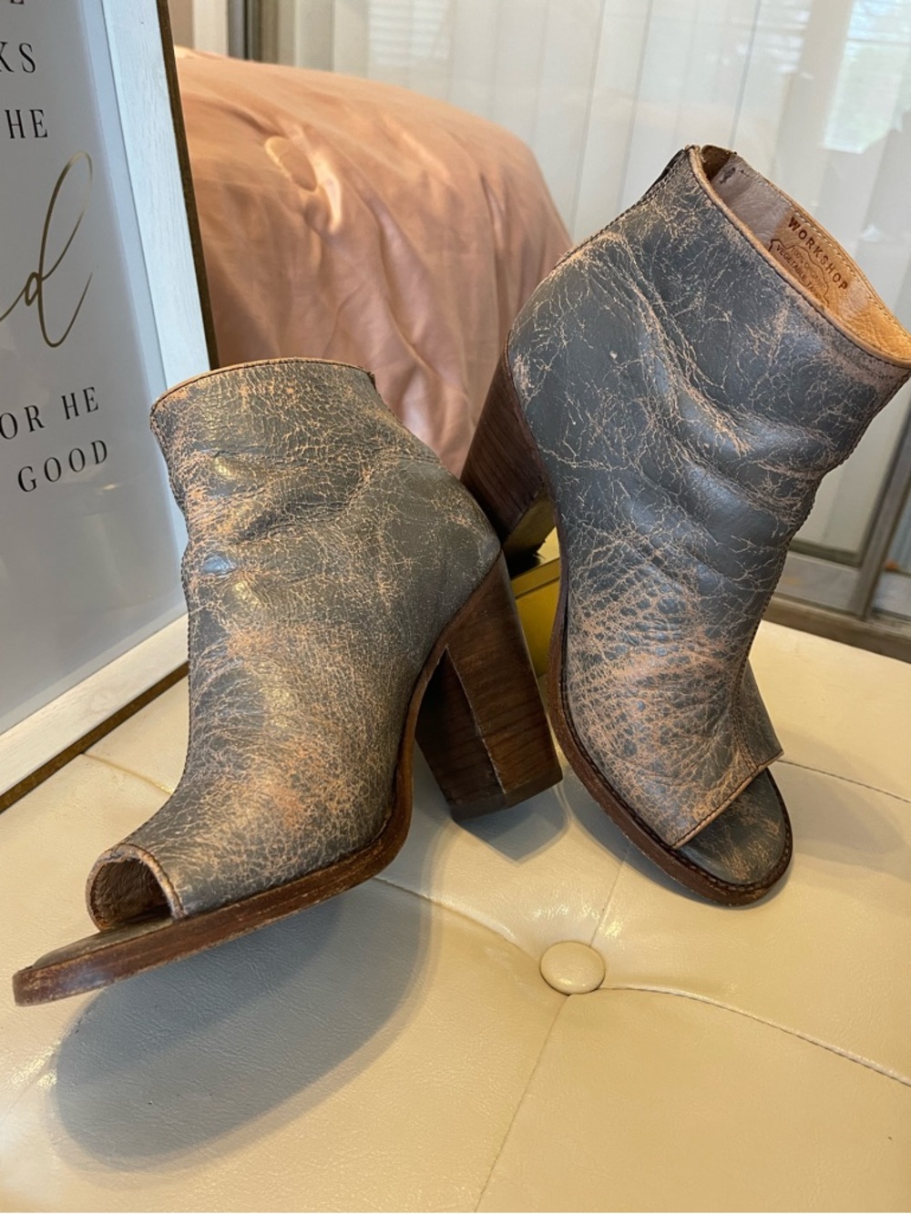 BED|STU Onset Peep Toe Booties Distressed Leather Look Size 8
